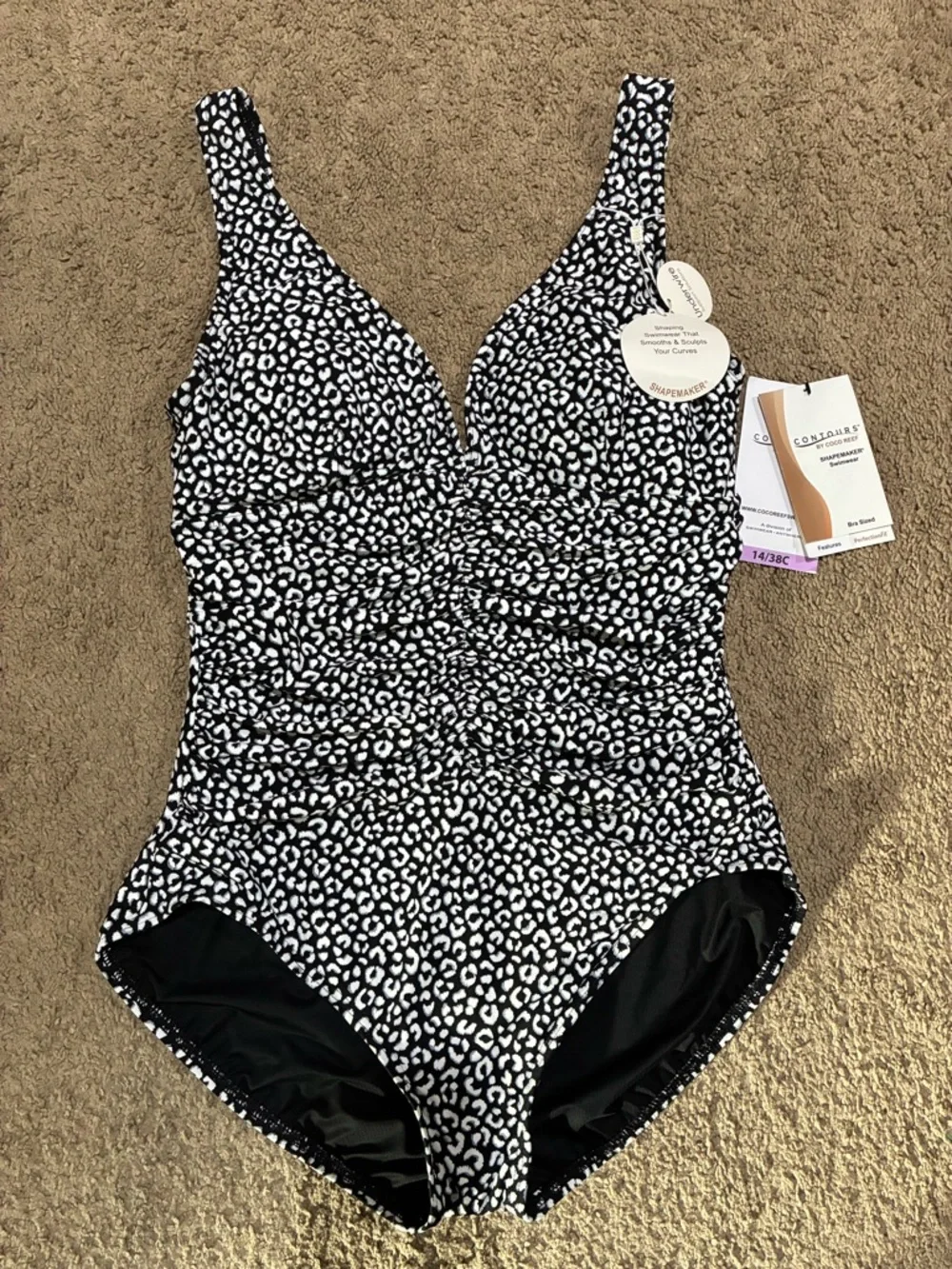 COCO REEF Contours Black Villa Cheetah Solitaire V-Neck Shapewear Swim Sz 14/38C - Picture 1 of 14